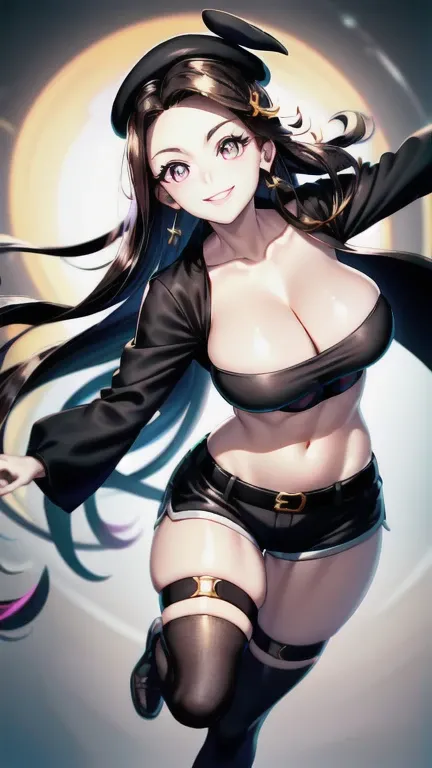 ubel,((ubel of Frieren: Beyond Journeys End )),dark green hair,long hair,side ponytail,hair between eyes,bangs, BREAK (beret, black jacket, open clothes, cleavage, midriff, black shorts, black thighhighs, thigh strap, fingerless gloves, single glove:1.2) ,...