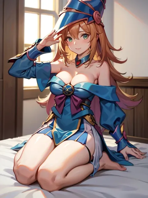 master piece,best quality,ultra detailed,8k,
ambient light,realistic skin,glossy skin,break、
（dark magician girl, duel monster, blush stickers, blonde hair, green eyes, long hair, breasts, blush, bangs, large breasts, hair between eyes, pentacle, pentagram...