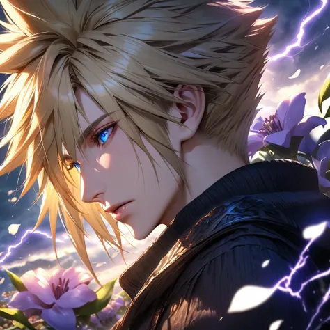 Ultra detailed, Highres, absurdres, HDR, Cloud Strife, blue eyes, blond hair, Final Fantasy Remake, purple lightning, handsome, 1 man only, very detailed face and eyes, flowers and petals