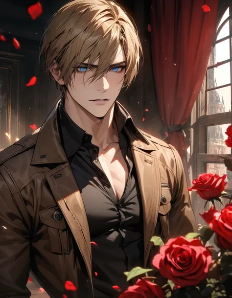 absurdres, highres, ultra detailed, HDR, masterpiece, extremely detailed face and eyes, Leon S Kennedy, blond-brown hair, expressive blue eyes, Resident Evil 6, 1man, handsome, brown coat, tight black shirt, toned chest, window, red curtains, petals, roses