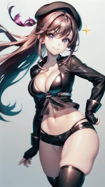 ubel,((ubel of Frieren: Beyond Journeys End )),dark green hair,long hair,side ponytail,hair between eyes,bangs, BREAK (beret, black jacket, open clothes, cleavage, midriff, black shorts, black thighhighs, thigh strap, fingerless gloves, single glove:1.2) ,...