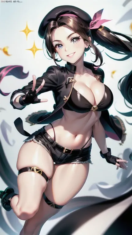 ubel,((ubel of Frieren: Beyond Journeys End )),dark green hair,long hair,side ponytail,hair between eyes,bangs, BREAK (beret, black jacket, open clothes, cleavage, midriff, black shorts, black thighhighs, thigh strap, fingerless gloves, single glove:1.2) ,...