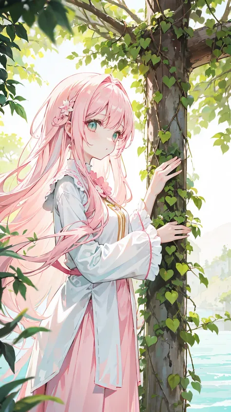 pale pink and white long hair，green, white and pink clothes，She&#39;s a cute and nice girl，Transfer to senior，It looks very light and gentle，wear