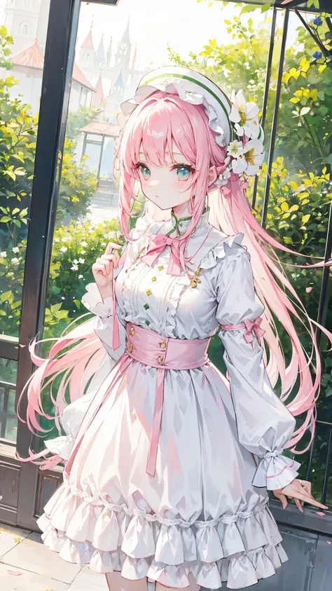 pale pink and white long hair，green, white and pink clothes，She&#39;s a cute and nice girl，Transfer to senior，It looks very light and gentle，wear