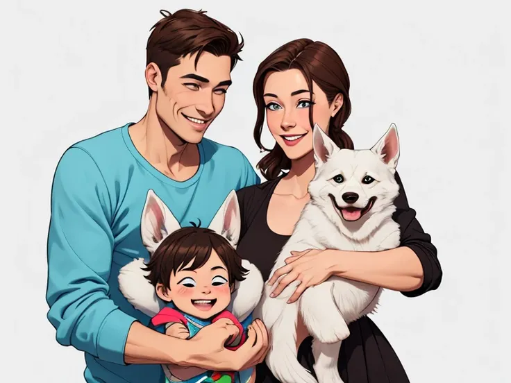 Happy man and woman couple with their baby son with beautiful smile Cartoon style digital illustration white background with their Siberian Rask dog 