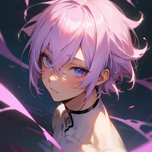 Anime boy with light lilac hair and coral eyes