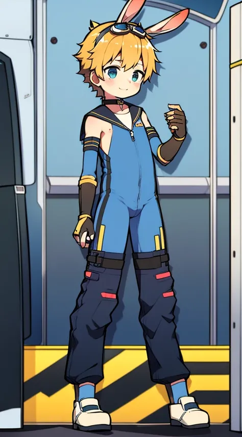 Shota，One-piece mountaineering suit，Slender figure，Goggles，fingerless gloves，stood up，Rabbit ears，Sailor collar，happy，Pull down the zipper