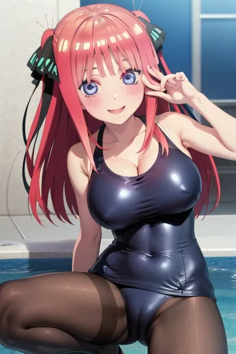 best quality, ultra-detailed masterpiece, anime art style, cute characters, nino nakano, one-piece swimsuit, large breasts, pantyhose, blush, smile