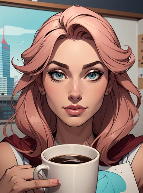 (estilo de desenho animado:1.2), Imagem de desenho animado de uma mulher com grande cabelo rosa, cups and coffee, garota funky super fofa, Ilustra??o estilo desenho animado, estilo de arte dos desenhos animados, estilo de arte dos desenhos animados, digita...