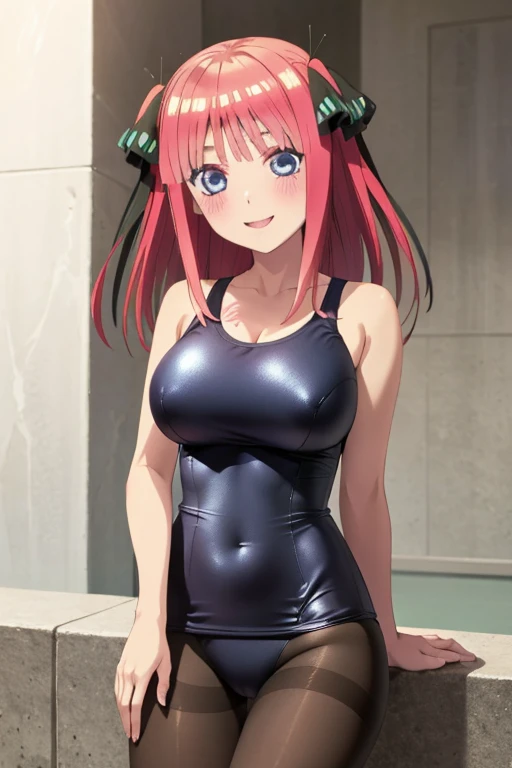 best quality, ultra-detailed masterpiece, anime art style, cute characters, nino nakano, one-piece swimsuit, large breasts, pantyhose, blush, smile