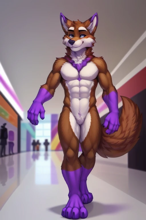 (((snowpride brown fur and purple hands and feet, cartoon video game style inside of a mall looking around indoors no people in background))) , day, sexy, sensual, detailed, uploaded to e621, beautiful and detailed portrait of an anthropomorphic, (((male )...