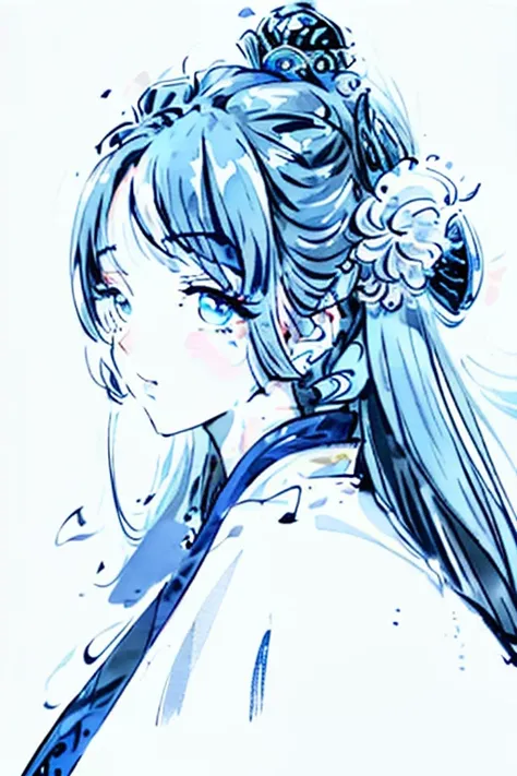 Ink and wash single line figure,New Gongbi,Clean lines流畅,Blue and white porcelain,Mission face, shoulders and head close-up,Show half face,Wearing Huadan opera costume,Wearing a Huadan headdress,Clean lines,The picture is fresh and elegant,Simplicity