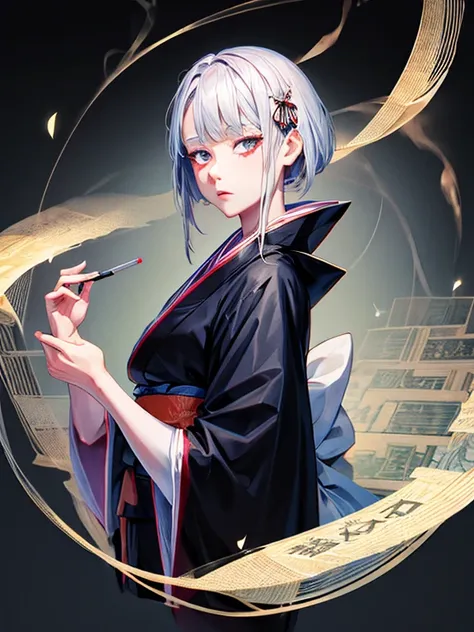 cigarette,Kissel,Gray Hair,10th Generation,neutral,kimono,Black background,An illustration,Fantasy