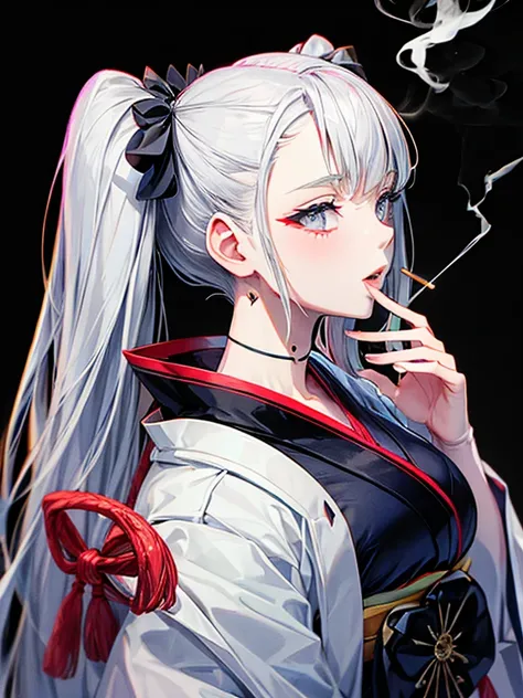 cigarette,Kissel,Gray Hair,10th Generation,neutral,kimono,Black background,An illustration,Fantasy,1 person,Twin tails