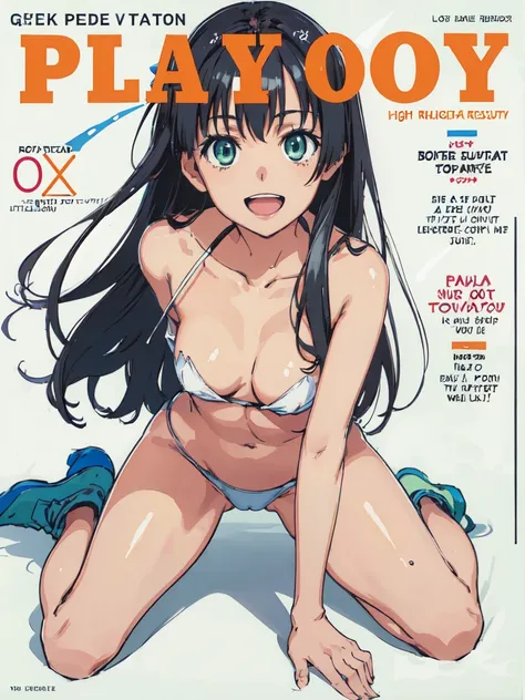 PlayboyCoverQuiron style, playboy cover, (High resolution:1.4), (masutepiece:1.2), (High quality:1.3) 1girl, saten ruiko, green eyes, long hair, black hair, small breast, smile, open mouth