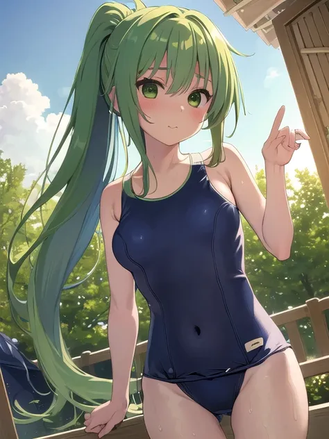 masterpiece, highest quality, Super detailed, 1 Girl,  Mion Sonozaki, Green Hair, Green Eyes, ponytail, surprise:1.3、blush、Normal chest、(((Navy school swimsuit:1.3))),Pool
