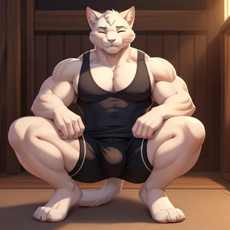 torahiko, solo, blue eyes, muscular, white cat tail, bara, (pose:1.3), (posing:1.3), (soft shading), 4k, hi res, five fingers, detailed hands, ((detailed face, (detailed eyes:1.0), detailed)), (full body), by zackarry911, by zaush, (by personalami:0.5), so...