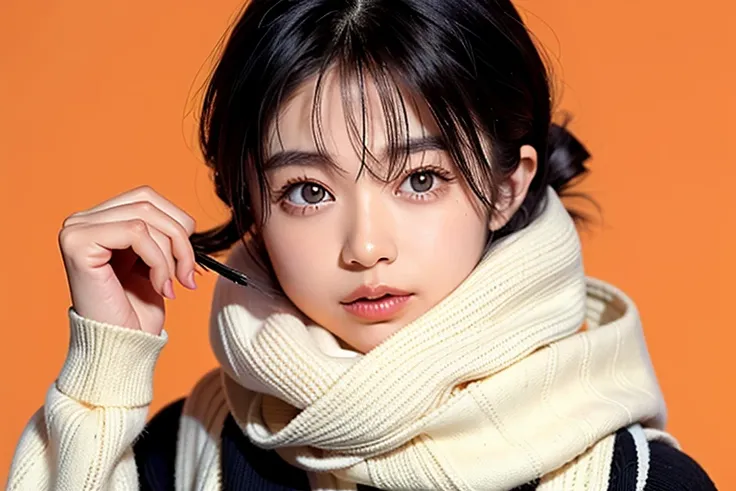 (Ogawa Noriko)、One girl, alone, View your viewers, short hair, Simple Background, Black Hair, Long sleeve, parted lips, scarf, Manicure, Iris, sweater, lips, Slope, Book, Slope background, ring, Orange background