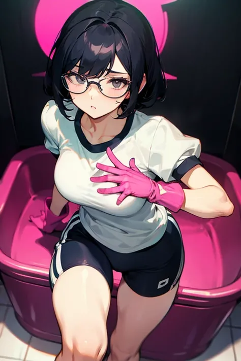 A black-haired woman with glasses wearing a white short-sleeved gym uniform and bloomers gently stroking a penis with her hand in a pink rubber glove in the toilet