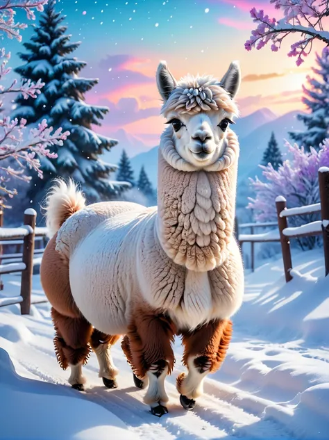 (best quality, 8k, high resolution, masterpiece:1.2), Vibrant colors, magical atmosphere, whimsical, ((1 cute alpaca, Rolling and playing in the beautiful snow，Snowing，snowflake，Snow White)), Surreal, Psychedelic, Intricate details, Beautiful texture, ethe...