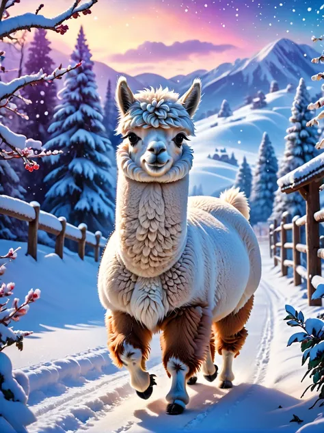 (best quality, 8k, high resolution, masterpiece:1.2), Vibrant colors, magical atmosphere, whimsical, ((1 cute alpaca, Rolling and playing in the beautiful snow，Snowing，snowflake，Snow White)), Surreal, Psychedelic, Intricate details, Beautiful texture, ethe...