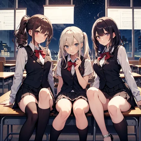 A group of female students, (in classroom), various hair styles, harem, wearing , night, details face, , short skirt, seducing, sleeveless , night, starry nights, school attires 