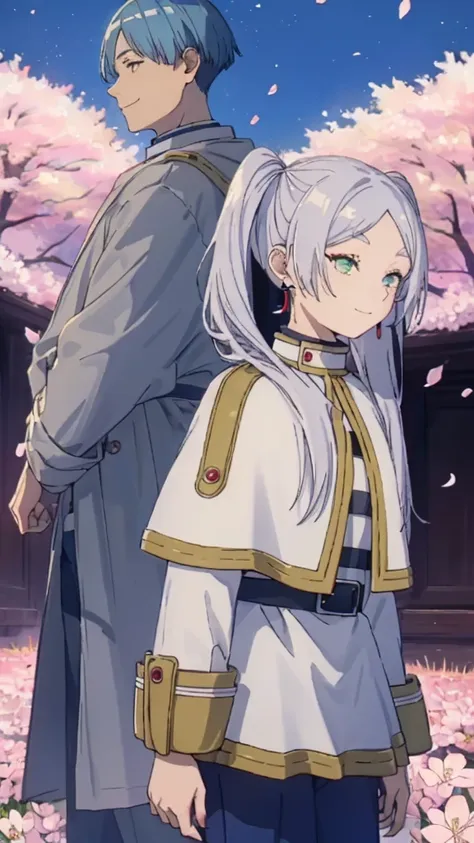 ((highest quality, super detailed girl and boy:1.4))BREAK,(girl is White hair,green eyes,shining eyes,((absurdly long twin tail)):1.3),BREAK,(boy is Blue hair,boy is short hair:1.3),BREAK,(boy and girl walking side by side:1.4),(landscape photography:1.3),...