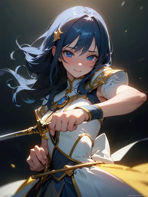 (Best Quality, Masterpiece:1.2), Ultra Detailed, 1girl, dark blue hair, shoulder length hair, blue eyes, yellow star shaped hairpin, blush, princess, looking forward, happy smile, rapier, sword in hand, elegant dress, detailed digital anime art, Best Quali...