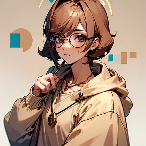 Femboy with feminine face, brown hair , circular glasses, necklace, beige hoodie