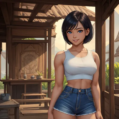 (masterpiece, best quality:1.1576), (ultra-detailed:1.1025), (cinematic lighting, illustration:1.05, beautiful detailed eyes, 1girl:1.05), Filipino girl, 24-years-old, strong muscles, short hair, blue crop top, high waisted shorts, smile, summer, village, ...