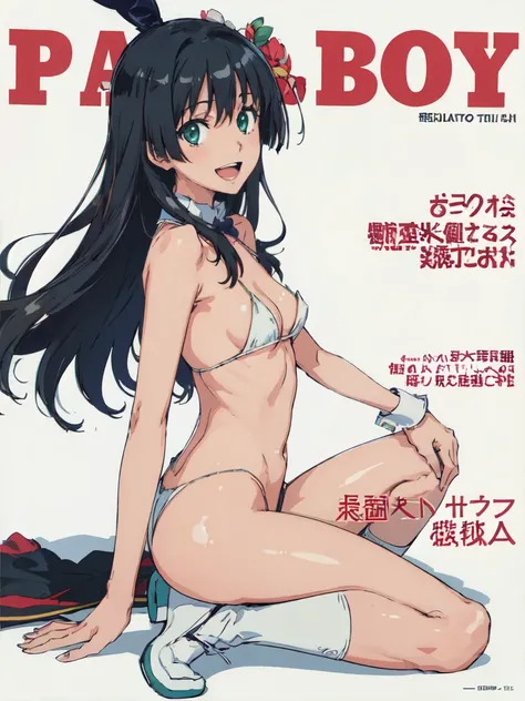 PlayboyCoverQuiron style, playboy cover, (High resolution:1.4), (masutepiece:1.2), (High quality:1.3) 1girl, saten ruiko, green eyes, long hair, black hair, small breast, smile, open mouth