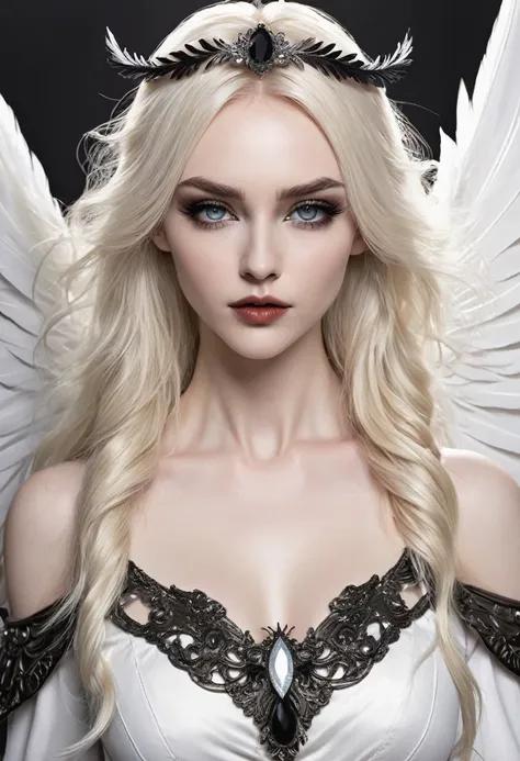 Beautyfull realistic Angle, head halo, thin curved eyebrows, long black luscious eyelashes, black eyeliner, dark eye shadow, face makeup, bark lipstick,defined black iris,detailed Florence eyes,long luscious platinum blond hair, pale skin,hour glass body, ...