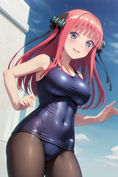 best quality, ultra-detailed masterpiece, anime art style, cute characters, nino nakano, one-piece swimsuit, large breasts, pantyhose, blush, smile