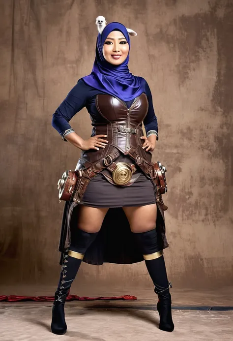 (A busty malaysian woman, age 40, giga busty, hijab no hair showing, Alpaca themed super hero costume) striking heroic poses and doing feats of strength, her sidekick is a steam punk al paca