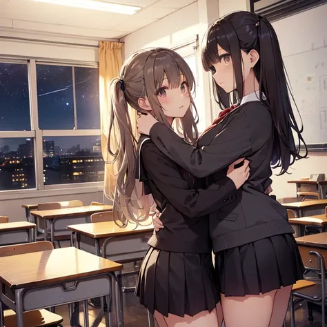 A group of female students, (in classroom), various hair styles, harem , night, details face, , short skirt, seducing, night, starry nights, school attires 