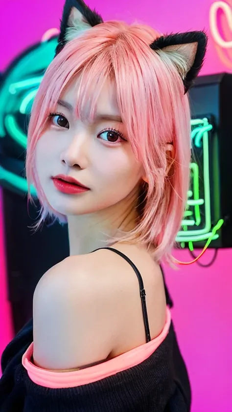 masterpiece, highest quality, 4K, Photorealistic, bokeh, enlightenment,1 perfect portrait of a girl, (A fascinating eye for perfect detail:1.2), colorful hair, (gradient hair), (neon pink hair:1.6), (Cat ear), fantasy background, (exposed bare shoulders), ...