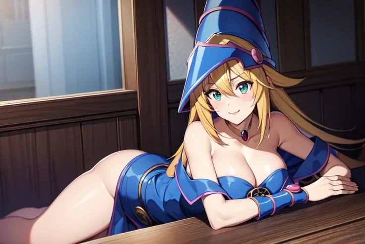 master piece,best quality,ultra detailed,8k,
ambient light,realistic skin,glossy skin,break、
（dark magician girl, duel monster, blush stickers, blonde hair, green eyes, long hair, breasts, blush, bangs, large breasts, hair between eyes, pentacle, pentagram...