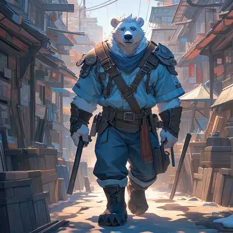 Barefoot furry character, full body, furry boy.

Polar bear, denim pants, black walking boots, nice feet paws, carrying a forge hammer, wearing adventuring gear

BREAK, detailed background, 8K, (masterpiece), intricate details, highly detailed, extreme det...