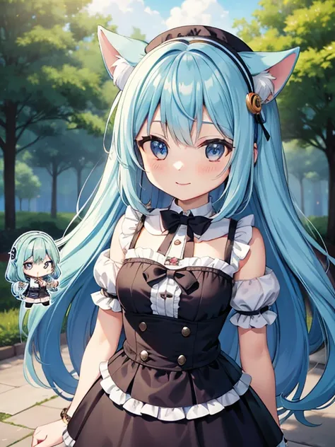 Chibichara　Halloween Scenery(picture)　Long hair and blue hair((Chibi Character))、Charming smile、fluffy、With a girl、Chibi Character、Friends of the Forest、Whole Body Ezbian、Pastel colored hair、Tabletop、highest quality、