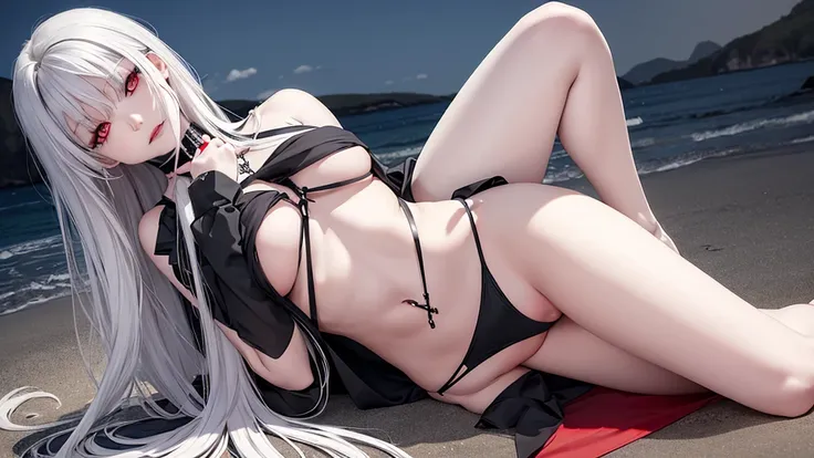 Long gray hair,blood red eyes,Necklace with cross,Wearing a black and white goth bikini,beach,beach球,Woman on top position