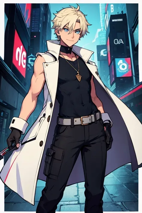 male, brownish tan short hair, blue eyes, (((1boy))), (((white sleeveless cyberpunk coat with blue trim))), (black long sleeve v-neck t-shirt), (necklace with dragon head pendant), (black pants with blue trim), (black white cybernetic boots), (black finger...