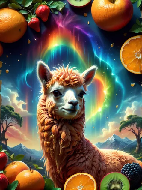 imaginative depiction of an alpaca made entirely of fruit pulp，alpaca standing upright in a casual posture，maybe one hand holdin...