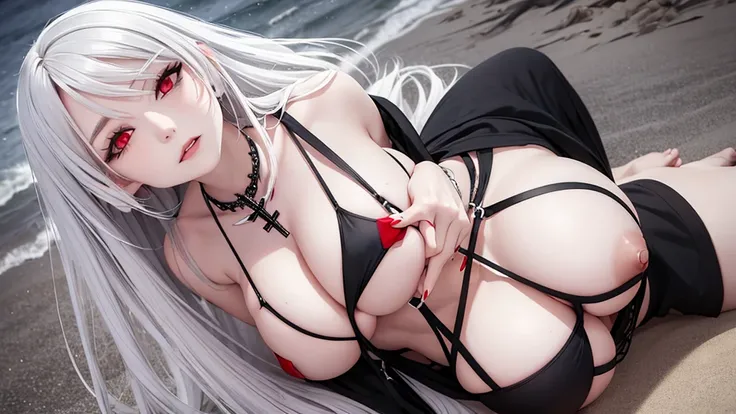 Long gray hair,blood red eyes,Necklace with cross,Wearing a black and white goth bikini,beach,beach球,Woman on top position