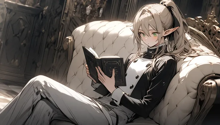 young man, elf, light skin, long hair tied in a ponytail, light brown color, green eyes, black and white royal servant suit, sitting on a sofa reading a book, in a luxurious room of a castle