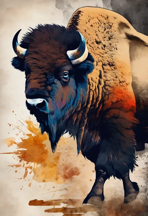 Bison chargeant courant profil, burnt earth background ::2 colorful ink painting ::2 art fantasy