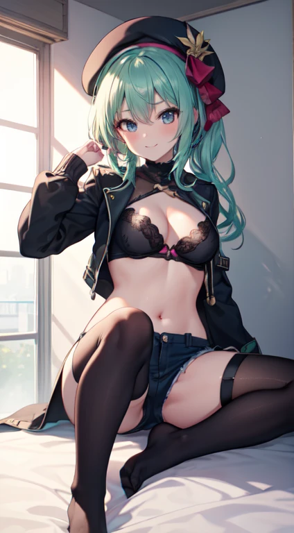 ubel,((ubel of Frieren: Beyond Journeys End )),dark green hair,long hair,side ponytail,hair between eyes,bangs, BREAK (beret, black jacket, open clothes, cleavage, midriff, black shorts, black thighhighs, thigh strap, fingerless gloves, single glove:1.2) ,...