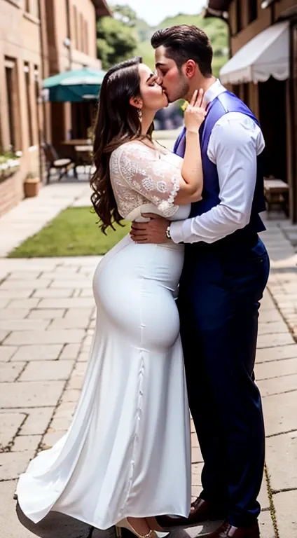 Attractive woman, huge breasts, slim waist, wearing a white blouse and a very long skirt, ((devotedly kissing with a handsome man))