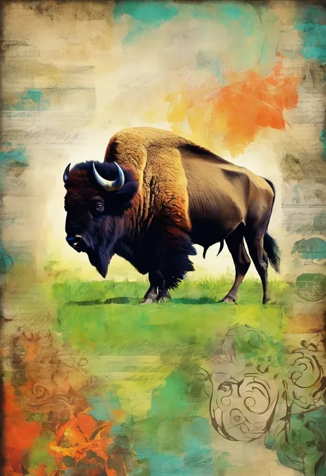 Bison chargeant courant profil, fond grandes herbes vertes ::2 colorful ink painting ::2 art fantasy