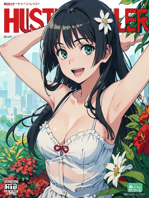 hustlercover, (High resolution:1.4), (masutepiece:1.2), (High quality:1.3) 1girl, saten ruiko, hair ornament, green eyes, long hair, black hair, small breast, huge smile. open mouth