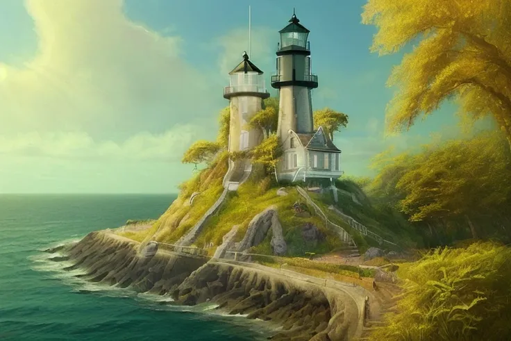 hs,innocent,shadow,fantasy,dream,masterpiece,a high resolution,Best quality,very detailed, Ocean,lighthouse on the island,the forest,city